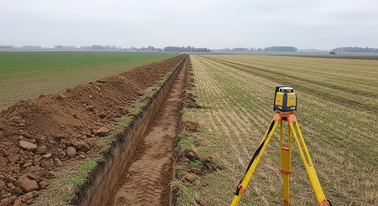 Tranchée de drainage et de viabilisation sur terrain plat à Ruffey-lès-Echirey